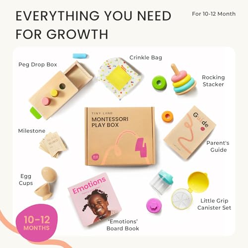 Tiny Land Montessori Toy Set for Babies 1 Year Old Thinker Play Kit- 5-in-1 Wooden Learning Toys with Peg Drop Box, Rocking Stacker, Egg Cup, Canister Set, and Crinkle Bag - Image 2