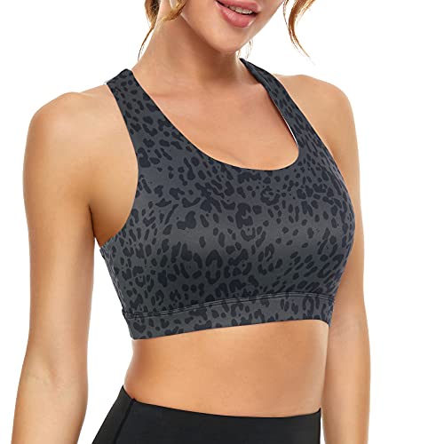 Image of Sports Bras for Women High Impact Support for Yoga Gym Running Workout Fitness Strappy Sports Bra with Padded Removable Cups, Grey Leopard Print, Large