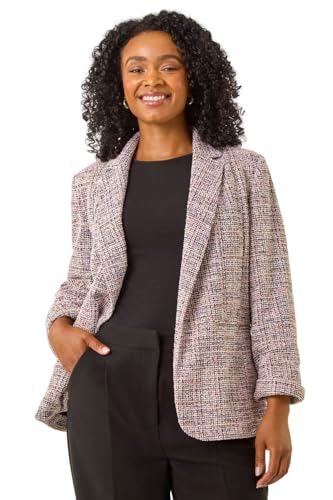Image of Roman Boucle Blazer for Women UK Ladies Frayed Edge Tailored Longline Rever Collar Jacket Lapel Stretch Smart Office Work Party Night Going Out Lined Classic - Petite Pink - Size 12