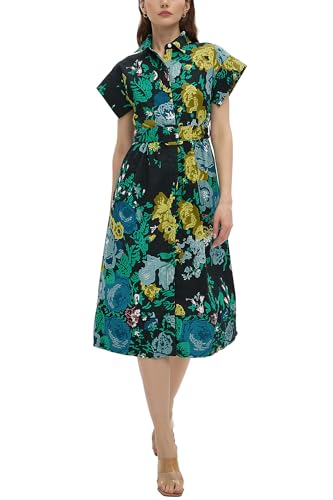D-Sun Women Button Down Shirt Dress V-Neck Floral Printed Short Sleeves Mid Shirt Dress Belt A-Line Party with Pockets