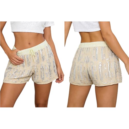 Aiihoo Pantalones cortos de lentejuelas brillantes para mujer, con purpurina, Yk Sequins Mini Rave Party Clubkleidung Glitter Pantalones Cortos Clubwear Fiesta Club Noche, Apricot A, Talla única