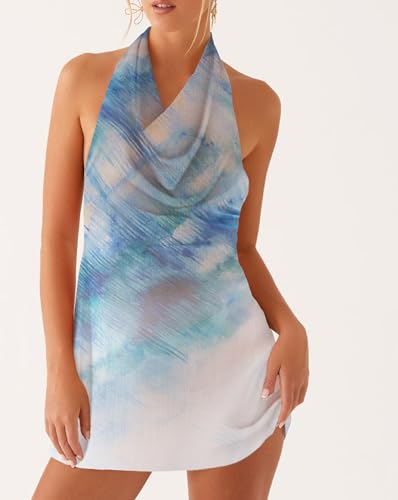 Image of Women Halter Low Neck Mini Dress Sexy Cutout Sleeveless Boho Short Dresses Open Back Night Party Going Out Sundress