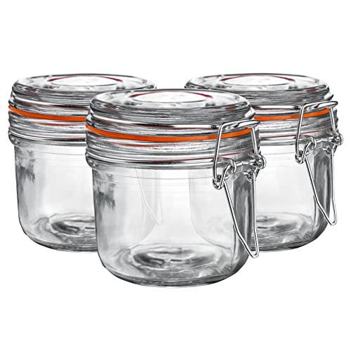 Argon Tableware Glass Jars with Airtight Metal Clip Lid - 200ml/6.7oz - 6 Pack - 4 Colour Seals - Small Kitchen Storage Container Round Preserving Jar for Pickling, Chutney, Jam, Coffee