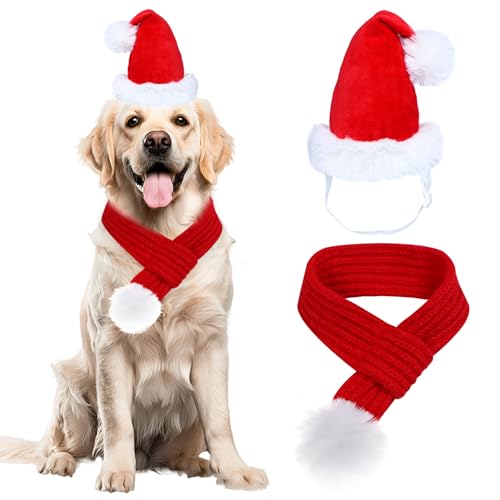 Dog Christmas Santa Hat and Scarf, Dog Christ...