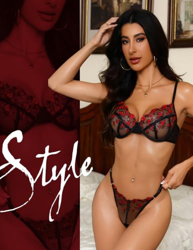 Image of Lingerie Sexy Bra and Panty Set for Women See Through Sheer Underwear Cute Exotic Floral Embroidery Babydoll Set