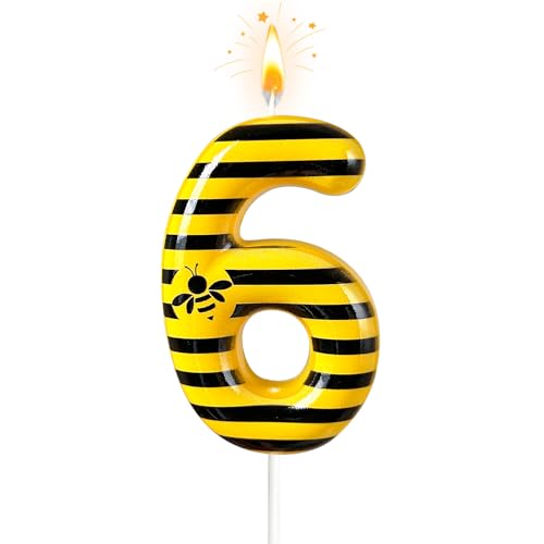 Number 6 Birthday Cake Candle, Bee Theme Number Candle, Yellow Black Stripe Wax Cake Topper for Birthday Party, Anniversary Celebration Cake Decoration