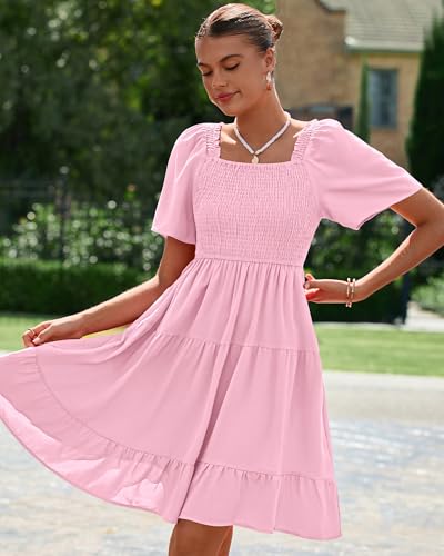 Image of BTFBM Womens Summer Smocked Mini Dress Spring Square Neck Flutter Sleeve Casual Ruffle Swing Boho Beach Dresses Pockets
