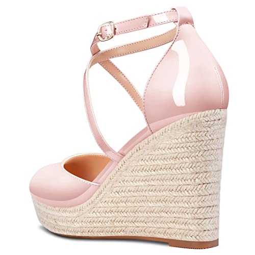 Aachcol Women Wedge Platform Pumps Round Toe Ankle Strap Chunky Block High Heel Dress Shoes Pumps Wedding Patent 4 Inch3