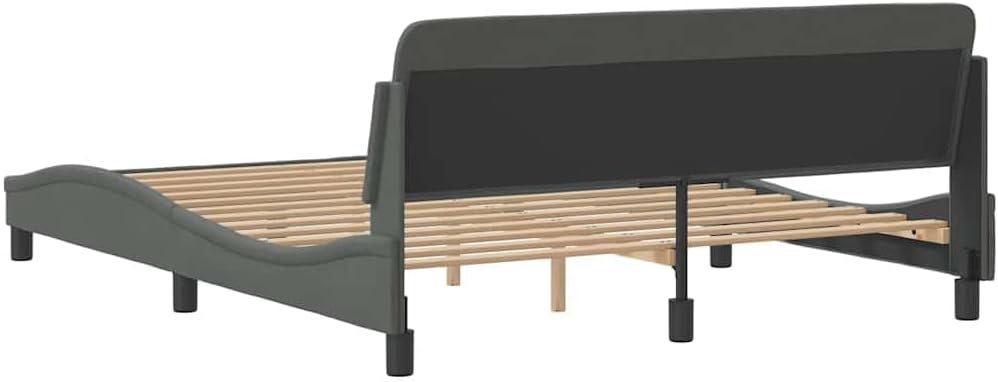 Dark Gray Polyester Fabric Bed Frame with Solid Pine Wood and Metal, Slatted Platform Foundation, Sturdy Heavy-Duty Storage Bed for Modern Minimalist Bedroom