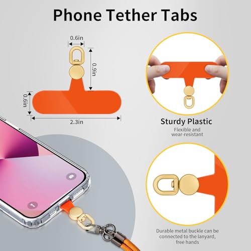 360°Rotatable Phone Tether Tab,3 Pieces Universal Phone Lanyard Patch Without Adhesive,Phone Lanyard Replacement Part for Cell Phone Strap(Orang+Transparent) - Thumbnail 2