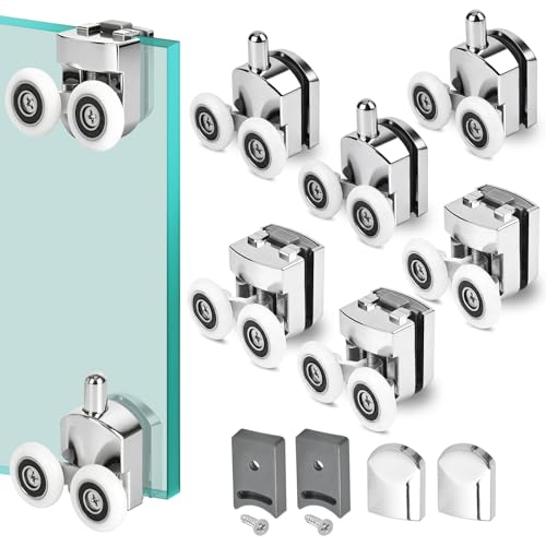 4 Pcs 23mm Shower Door Rollers Wheels Replacement Shower Door Runners Screen Rollers for Curved Sliding Shower Doors Enclosures Fits 4-6mm Glass Anti-Collision Block(2 Top + 2 Buttom Wheels)