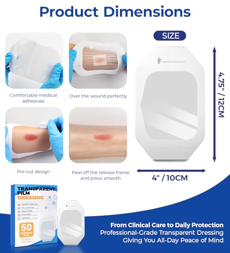 MasterMo Transparent Film Dressing 50 Packs, Waterproof Adhesive Clear Bandages 2.3 in x 2.7 in, Wound Cover for IV Shield, Tattoo Aftercare Bandage,Clear Bandage Tape for Wound Care — view 2
