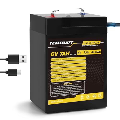 TEMIBATT 6V Battery LiFePO4 1 Pack, USB Rechargeable 7AH Lit