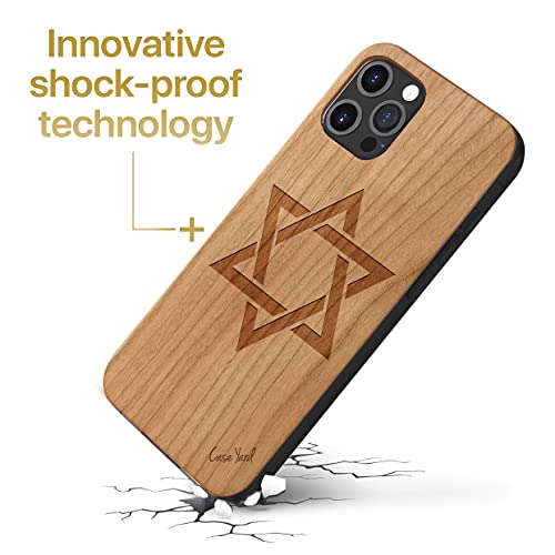 Caseyard Wood Phone Case For Iphone 12 Pro Max Laser Engraved David Star Design Cherry Wood Compatible Iphone Case Protective Shockproof Slim Fit Cell Phone Cover For Men & Women #TOP2