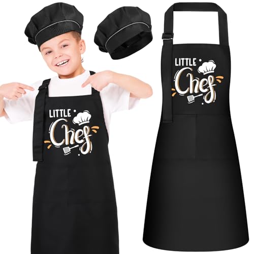 XLSXEXCL Kids Apron and Chef Hat Set, “Little Chef” Apron Adjustable Child Apron Chef in Training Funny Apron Kids Cooking Aprons Baking Aprons with 2 Pockets for Boys and Girls