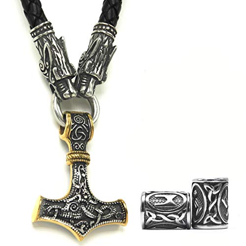 GUNGNEERMjolnir Thors Hammer Necklace Mixed Gold Viking Jewelry Men Accessories With Black Wolf Head Leather Chain, Viking Beard Bead Gift
