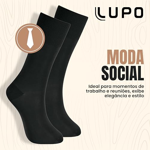 LUPO Kit 6 Pares Meia Social Clássica Cano Alto Longo Masculino Adulto, 6 Preto, 37-44
