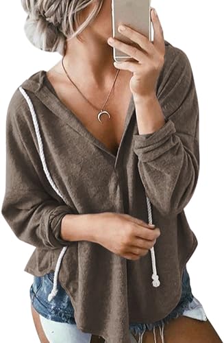 Image of Womens Long Sleeve V Neck Hoodie Sweatshirts Lightweight Pullover Tops