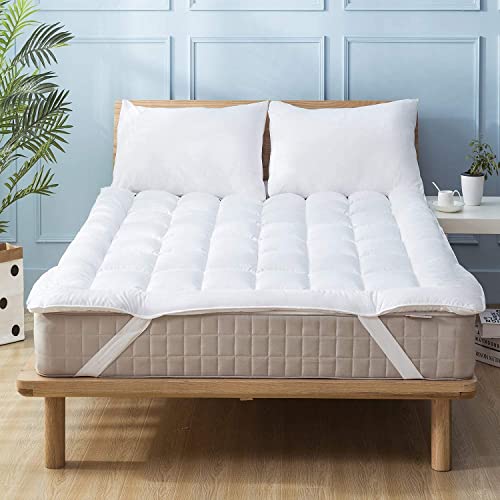 Mattress Topper Queen Bed Size Quilted Down Alternative Anchor Band 4 Corner Elastic Protector Reviver Enhancer Extra Deep Fits 20 Inches Soft White Bed Cover #TOP6