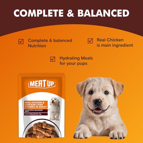 Image of Meat Up Puppy Wet Dog Food (8 x 70g) 560g + 560g Free, Total 1.12kg | Real Chicken in Gravy | Supports Digestion | Boosts Vitality | Complete & Balanced Meal