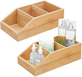 mDesign Set of 2 Bathroom Storage Box  Bamboo Bathroom Organiser Tray with 3 Compartments and Open Front  Ideal Makeup and Cosmetic Storage Container  Natural