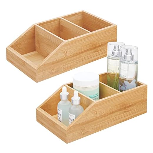 mDesign Juego de 2 cajas organizadoras con 3 compartimentos – Gran cajón de madera de bambú para cosméticos, maquillaje y otros accesorios – Clasificador ecológico para baño, cocina, etc. – natural