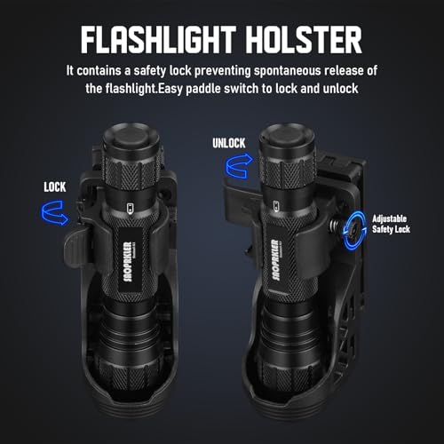 SAOPRKLER Tactical Flashlight Holster with Lever-Side Locking System and Adjustable Belt Width Accommodates Standard and Tactical Belts for Quick and Convenient Flashlight Access.