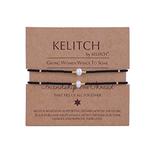 KELITCH 2 PCS Natural Pearl Seed Bead Link Bracelets Handmade Adjustable Thin String Strand Bracelets for Women Girl