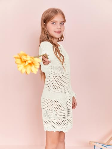 Image of Batermoon Girls Crochet Long Sleeve Swimsuit Cover Up Kids Fashion Hollow Out Swimwear Beach Dress 5-14 Years