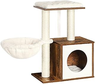 FEANDREA Cat Tree, Wooden Cat Condo, Removable Cushions, Rustic Brown PCT122X01