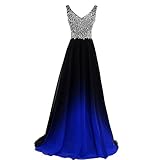 Lemai Plus Size Gradient Black Ombre Chiffon Royal Blue Beaded Prom Evening Dress US 18W