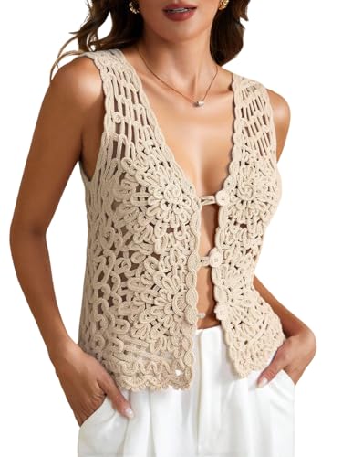 winkbay Women's Plus Size Crochet Sweater Vest Button Down V Neck Beach Vacation Tops Apricot X-Large Plus