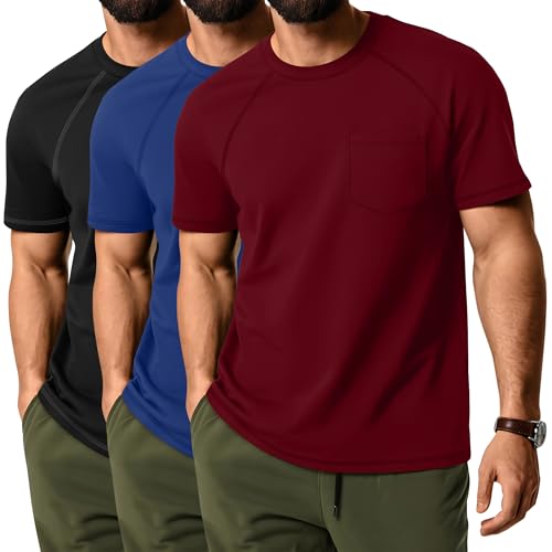 Neer 3 Pack Men's Short Sleeve T-Shirt, Casual Basic Crew Neck Tees Summer Solid Lightweight Shirts Pullover Tops with Pocket