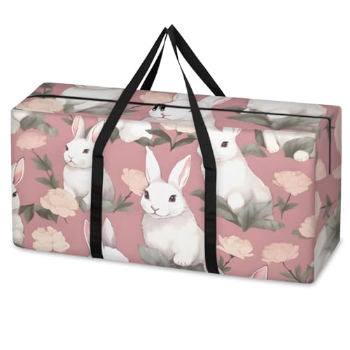 Colorful Rabbit Extra Large Moving Bags Heavy Duty Storage Bags Graffiti Bunny Cloth Wrap Around Handles Double Zipper Reusable Convenient Foldable Storage Tote for Travel Camping Space Save