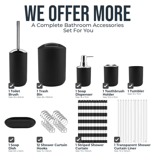 Clara Clark Black Bathroom Accessories Set, 9 Piece Bathroom Set With Shower Curtain Set Liner And 12 Hooks, Soap Dispenser & Dish, Toothbrush Holder With Cup, Toilet Bowl Brush And Holder, Trash Can #TOP1