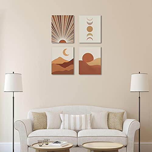 Sunset Sunrise Moon Framed Canvas Wall Art, Abstract Landscape Boho Wall Decor, Moon Phases Wall Painting For Living Room Bedroom Office Home Decor Set Of 4, 8X10In (Framed) #TOP3