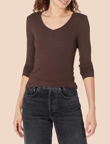 Image of Amazon Essentials Women's Slim-Fit Long Sleeve V-Neck Knit Rib Shirts, Pack of 2