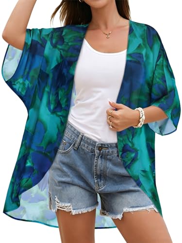 Image of Women's Floral Print Puff Sleeve Kimono Cardigan Loose Cover Up Casual Blouse Tops 2026