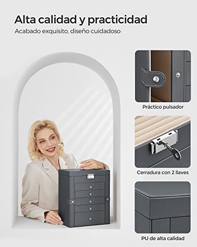 SONGMICS Caja Joyero de 6 Niveles, Caja para Joyas con 5 Cajones, Gran Espacio, Interior con Espejo, Cerradura, Almacenaje de Joyas, Regalo para Seres Queridos, para Relojes, Gris JBC152G01 - imagen 6