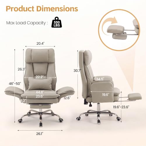 Image of Big and Tall Office Chair, Flip Armrest & Footrest for Pets, PU Khaki