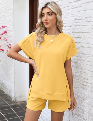 Image of LOMON Womens Fashion 2 Piece Outfits Sweatsuits 2026 Summer Short Sleeve Loungewear Tracksuit Round Neck Lounge Shorts Sets
