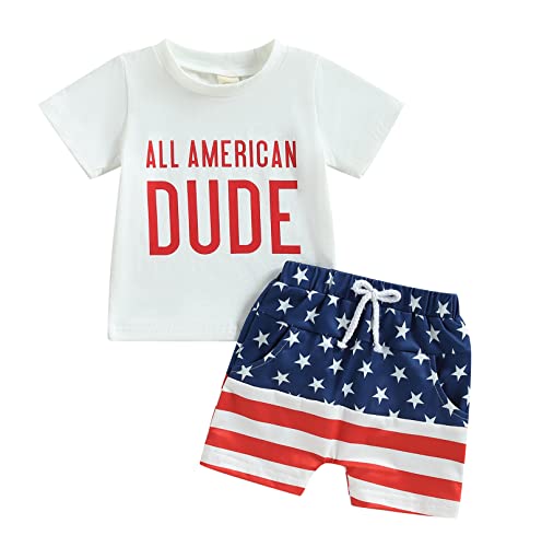 Baby Boy 4th of July Outfits Short Sleeve Tee Shirt and Stars American Flag Shorts 2Pcs Fourth of July Summer Outfit (All American-Blue, 18-24 Months)