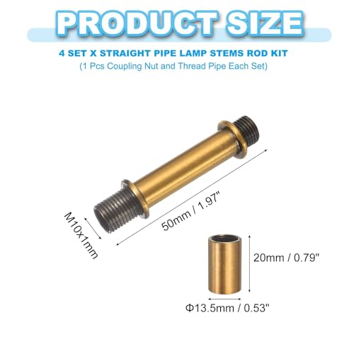 Image of PATIKIL Straight Pipe Lamp Stems Rod Kit, 4 Set M10 Carbon Steel 50mm(1.97 inch) Long Double End Thread Rod with Coupling Nuts Sleeve Connector for Table Lamps Chandeliers,Copper Gold