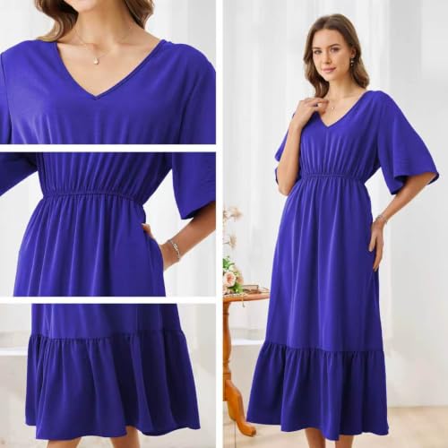 Image of Women's Summer Short Sleeve Maxi Floral Flowy Dresses with Pockets