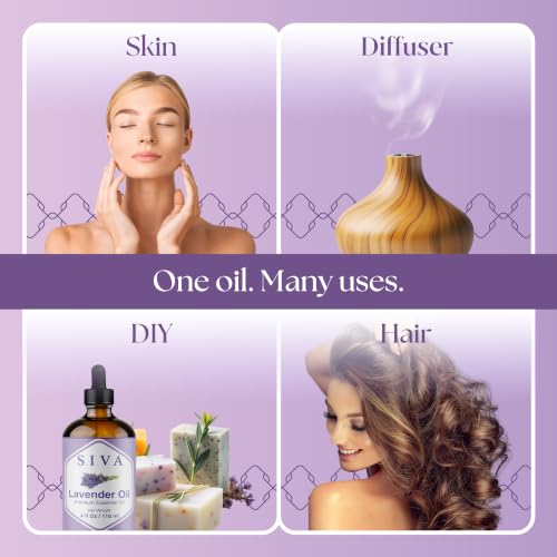 Image of SIVA Lavender Essential Oil 4 Fl Oz - For Diffuser, Skin & Hair Care - Ideal for Massage & DIY Blends - with Dropper