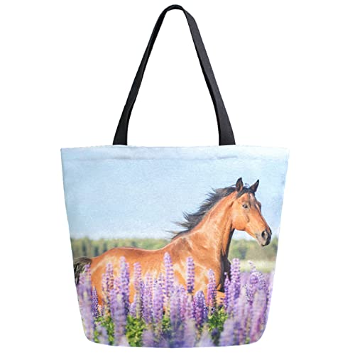 Beautiful Purple Flowers Horse Extra Large Canvas Shoulder Tote Top Storage Handle Bag for School Gym Summer Beach Weekender Tra