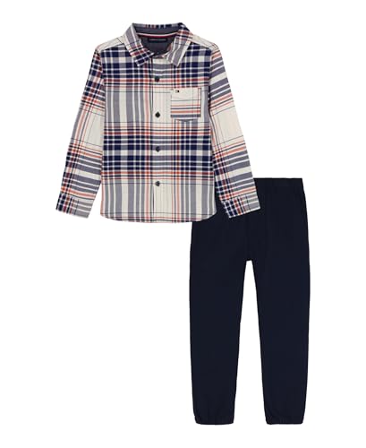 Tommy Hilfiger Baby Boy's 2-Piece Set, Long Sleeve Woven Shirt with Pant, Plaid/Navy Blazer, 18 Months