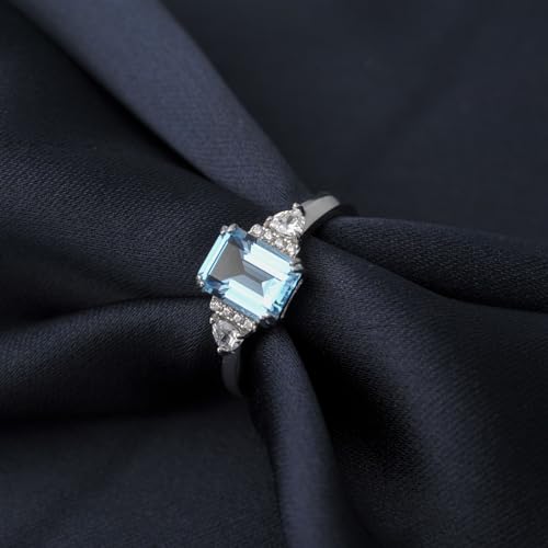 Emerald Cut 3 Stones Ring for Women with Natural Sky Blue Topaz in 925 Sterling Silver, Blue Birthstone 14k White Gold Plated Promise Engagement Ring for Her, Anniversary Birthday Jewelry Set3
