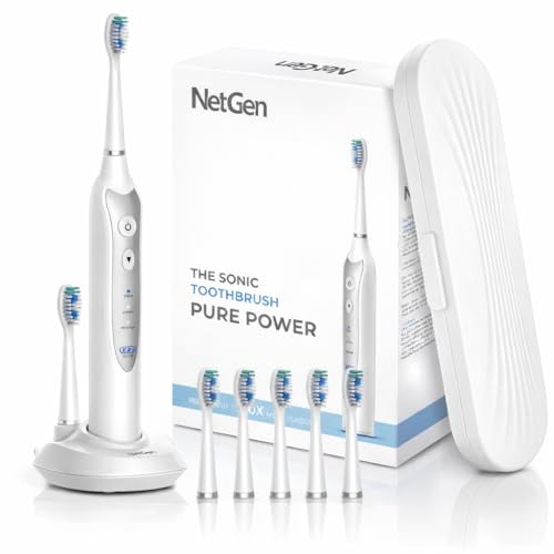 Sonic Electric Toothbrush for Adults, Rechargeable Power Toothbrush with 5 Replacement Heads, Travel Case, Soft Bristles, 3 Modes, 2 Minute Timer, Cordless Battery Operated Electric Toothbrush | White