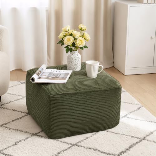 Image of Square Stuffed Pouf Ottoman, Corduroy Oversize Foot Rest,Green